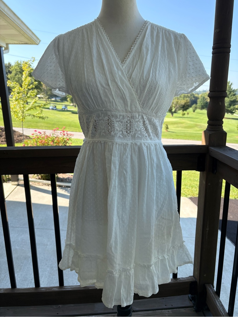 NWT Altar'd State White Swiss Dot Embroidered Waist Ruffle Mini Dress Medium